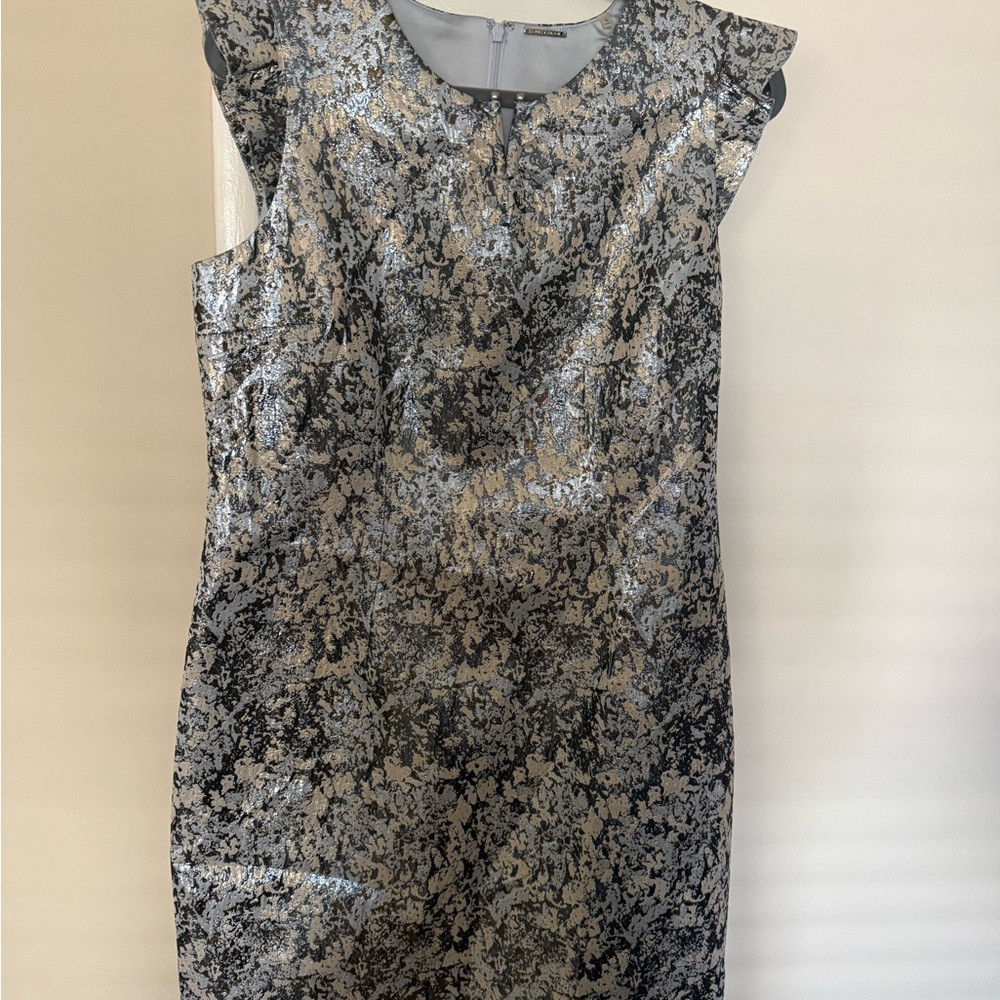 Elie Tahari Silver and Black Floral Jacquard Midi Dress